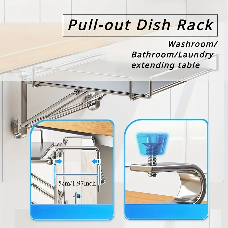 Stainless Steel Foldable Countertop Shelf Space Saving Cabinet Door Shelf No Drill Hanging Storage Bathroom Kitchen Organizer