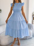 Spring Summer Elegant Ruffled Dresses for Women 2026 Casual Vacation Solid Color Round Neck Sleeveless Long Dress Blue Green