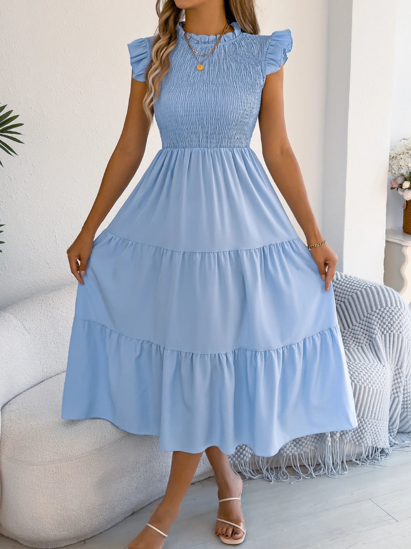 Spring Summer Elegant Ruffled Dresses for Women 2026 Casual Vacation Solid Color Round Neck Sleeveless Long Dress Blue Green