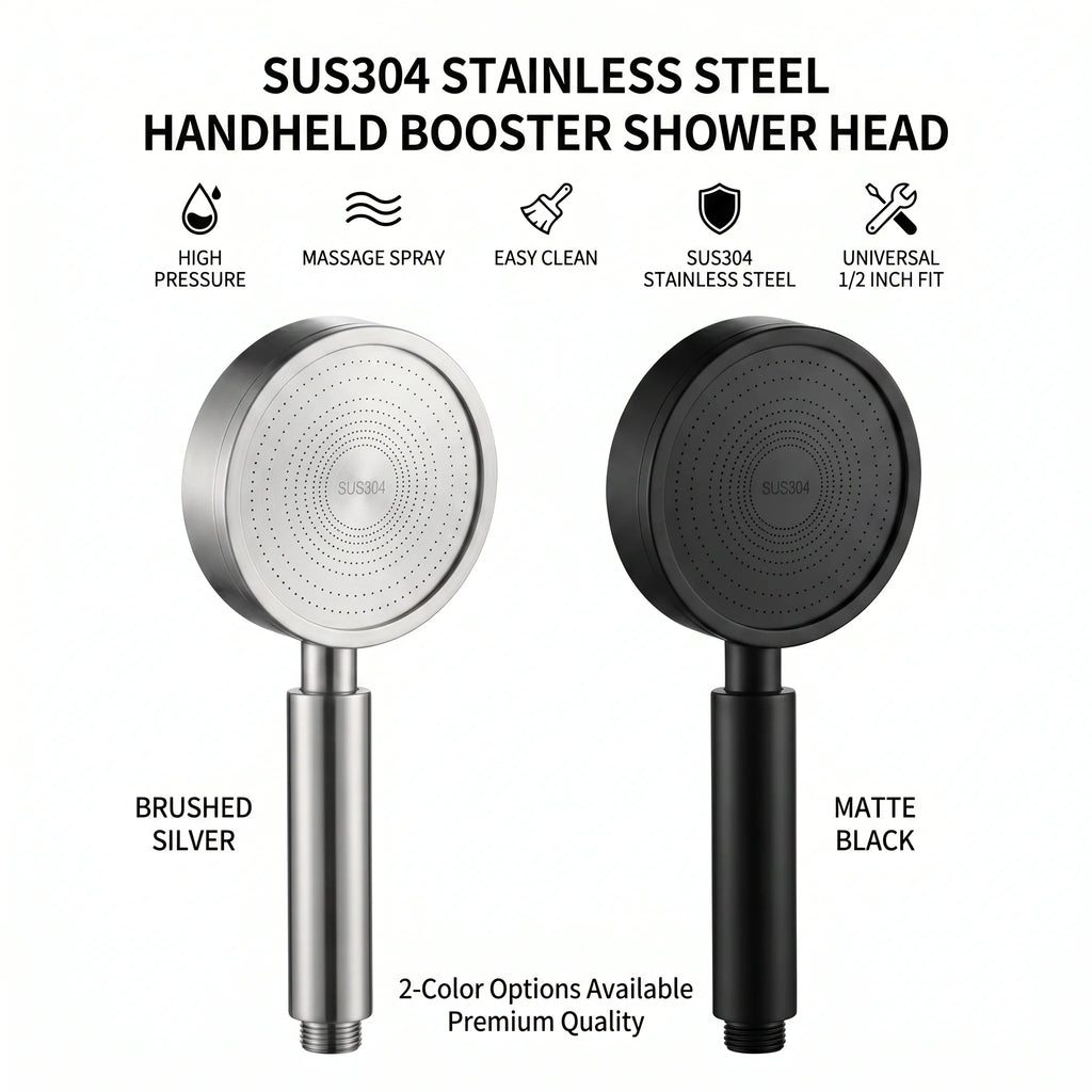 304 Stainless Steel Handheld Shower Head – High Pressure Spray, Universal 1/2” Connector, Bathroom Sprayer for Home Use