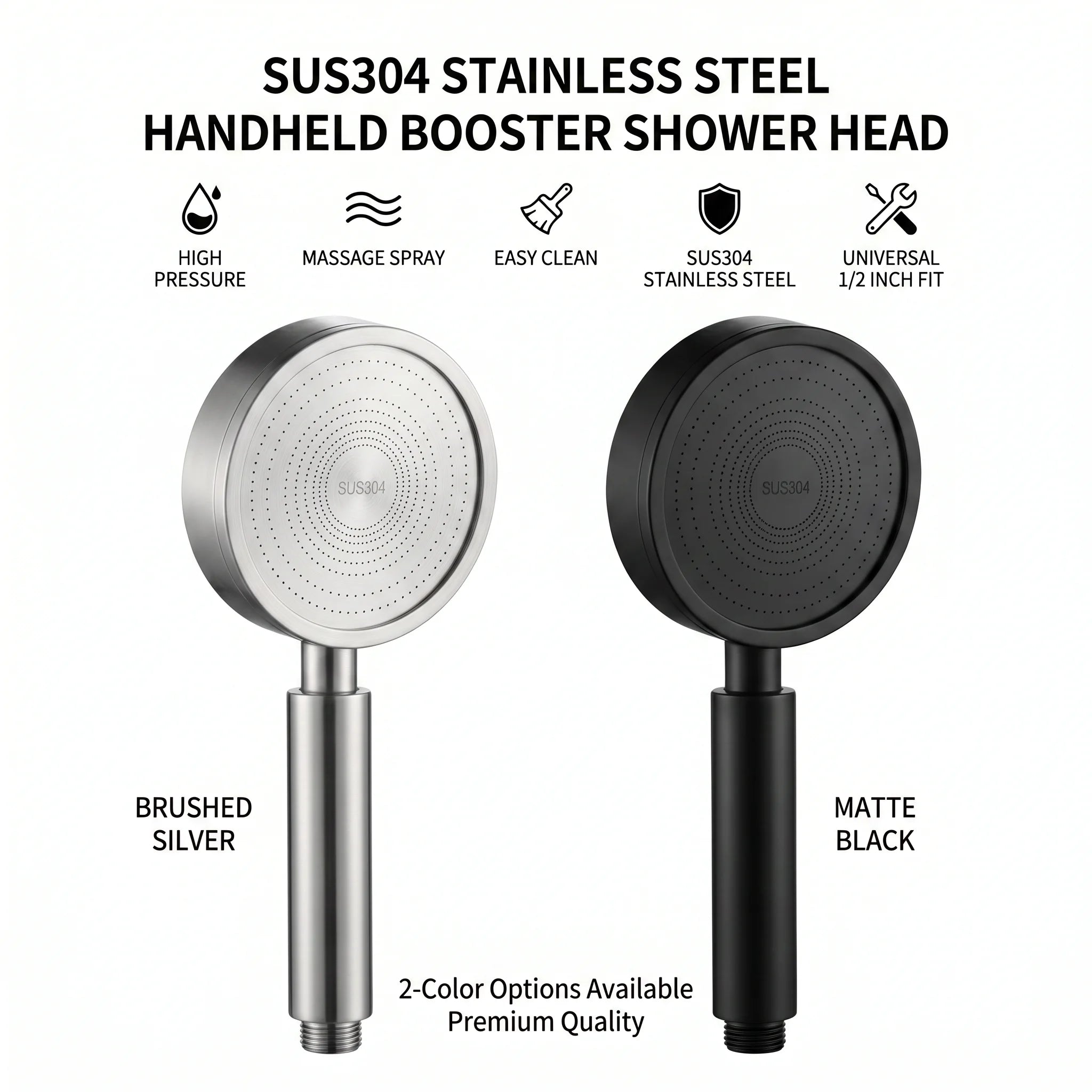 304 Stainless Steel Handheld Shower Head – High Pressure Spray, Universal 1/2” Connector, Bathroom Sprayer for Home Use