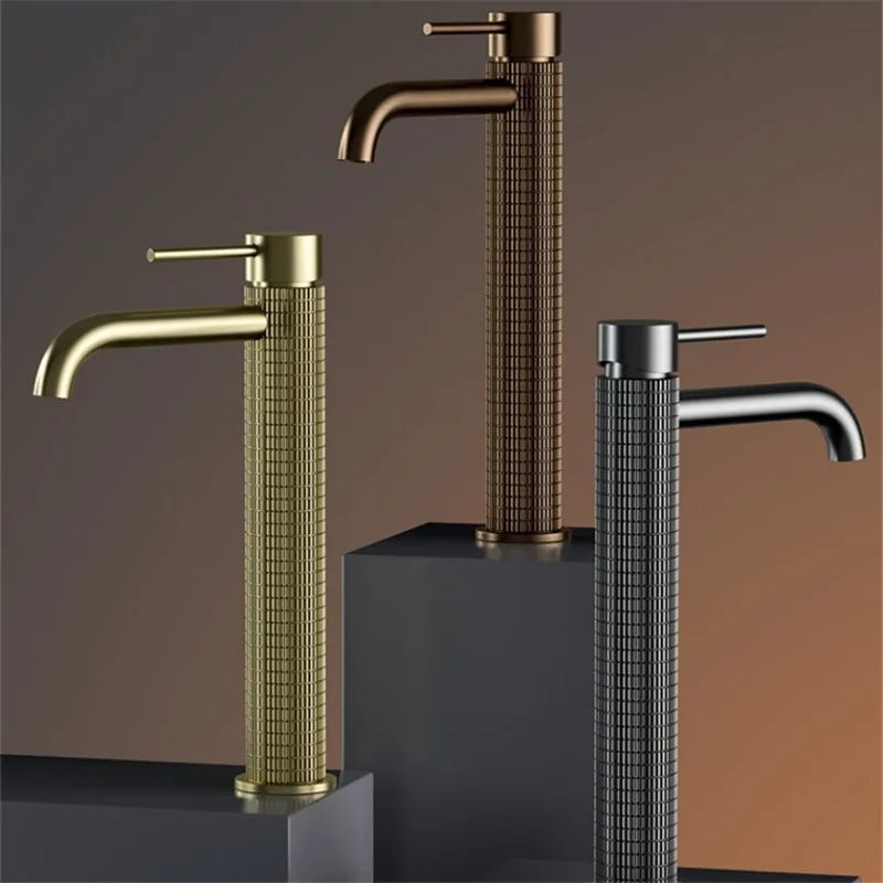 Brushed Rose Gold Bathroom Faucet Brushed Gold Basin Faucet Art Carved Sink Tap Hot & Cold Grey Lavatory Faucet Crane Water Tap