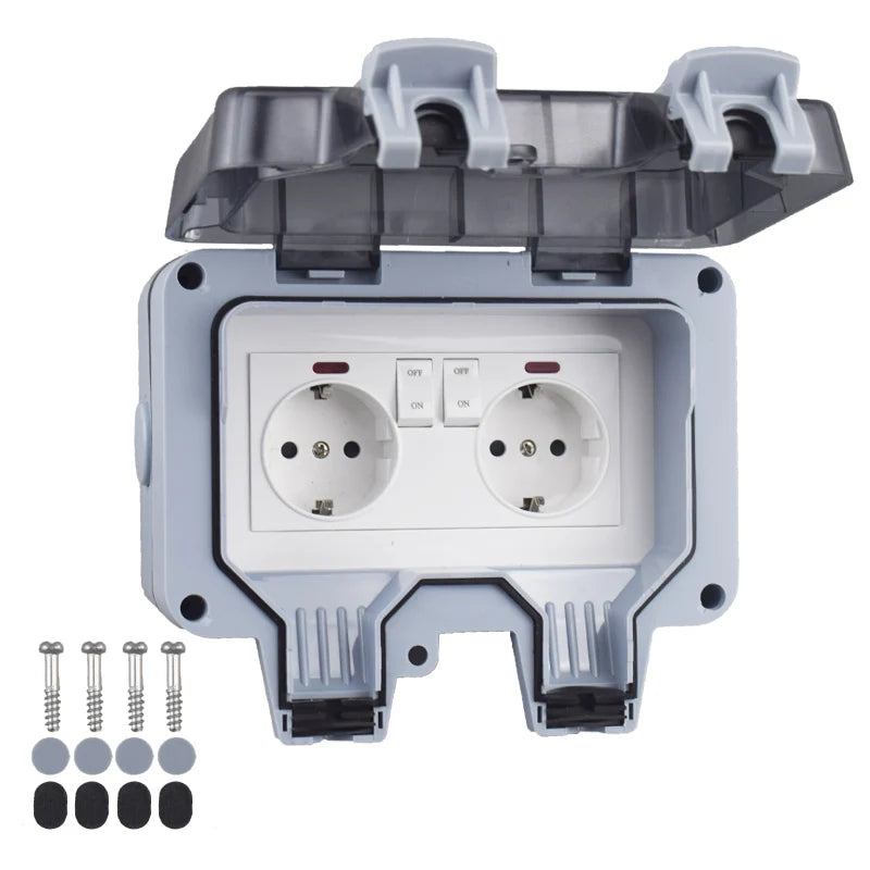 Double EU Socket Power Supply Switch Socket 16A Outdoor Wall Power Socket With USB Charging for Home& Garden IP66 Weatherproof