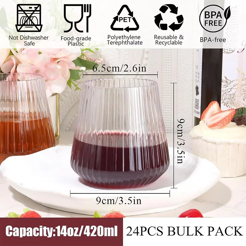 24 Pack Plastic Ribbed Wine Glasses 14Oz Origami Disposable Wine Glasses Unbreakable Clear Plastic Cocktail Glasses  Wine Cups