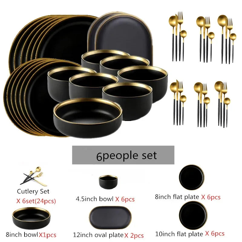 For1/ 4/6/8 Personal Black Porcelain Dinner Plates Set Ceramic Tableware Food Dishes Rice Salad Noodles Bowl Wiht Cutlery Set