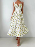 Bornladies 2025 Summer New Printing Cami Dress High Waist Slit Lemon Print Maxi Dress Vacation Long Dress For Women