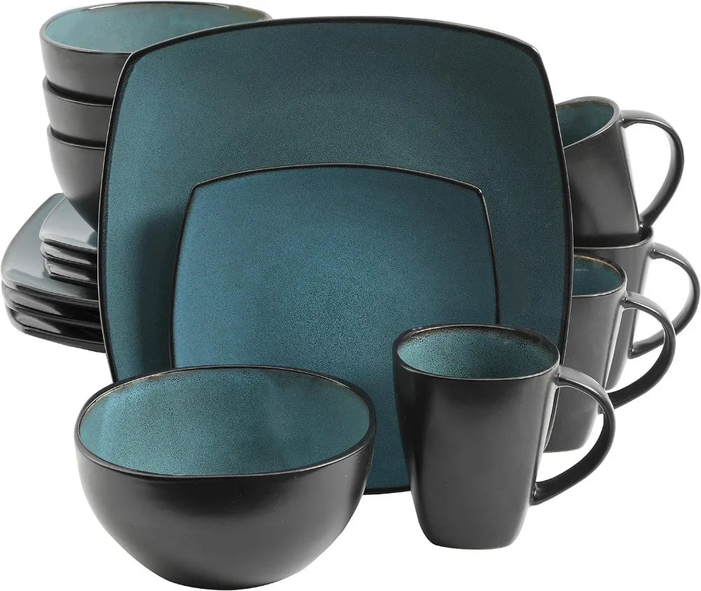 16pc Stoneware Dinnerware Set, Reactive Glaze Plates Bowls, Black