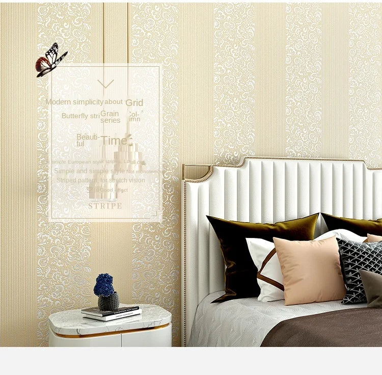 9.5M Modern Simple Wallpaper Bedroom 3D Living Room White Vertical Stripe Non Woven Wall Cloth European TV Background Wall Paper