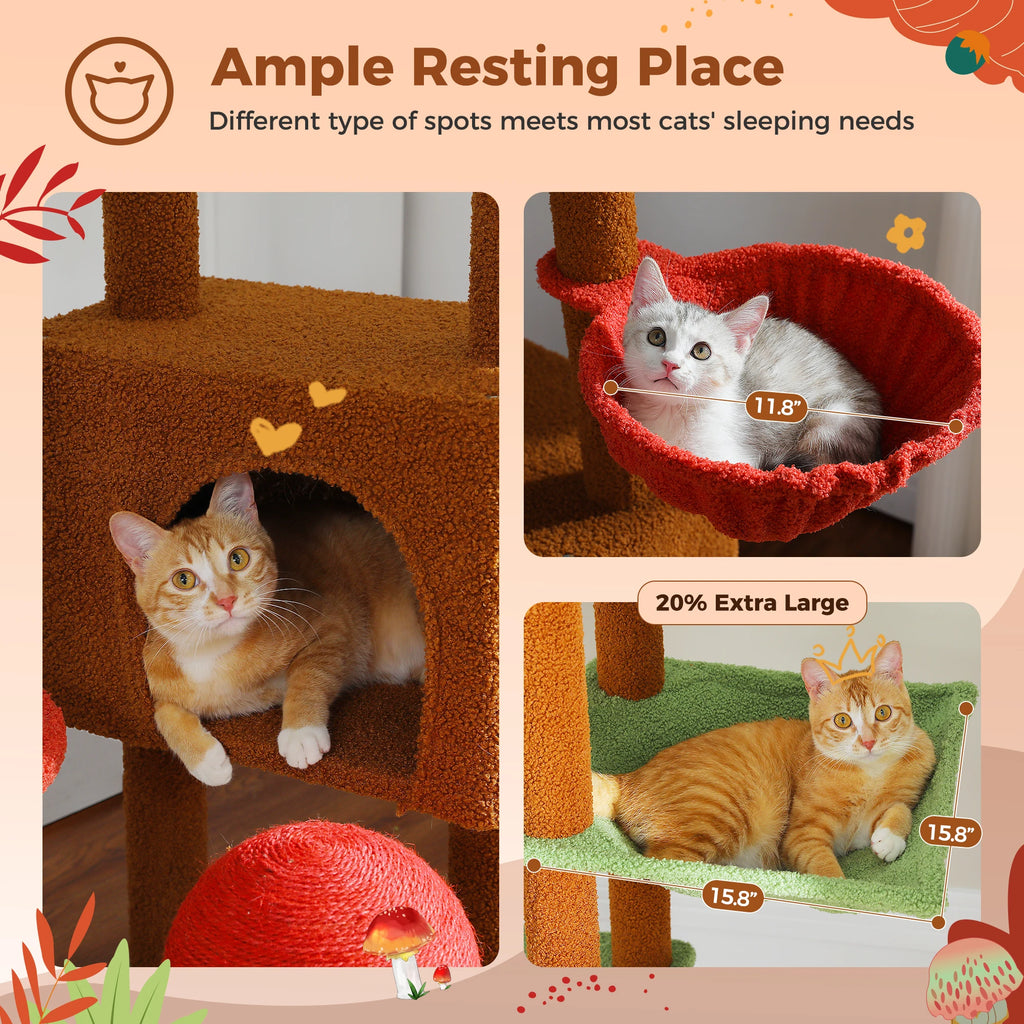 Height Adjustable Wooden Cat Tree with Large Hammock Sisal Scratching Posts Floor to Ceiling Cat Tower Cozy Cat Condo for Indoor