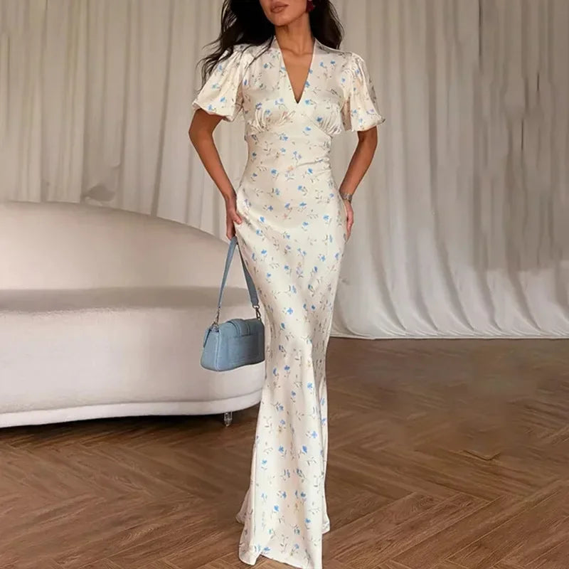 Elegant Printed V-neck Maxi Dress Women Fashion Satin Puff Short Sleeve High Waist Slim Long Dresses 2026 Summer Lady Party Robe