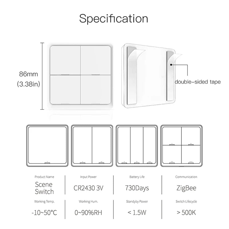 ZigBee Tuya Smart Wireless Button Switch 1/2/3/4 Gang Wiring Free Wireless Scene Switch Battery Powered Can Through Wall Control
