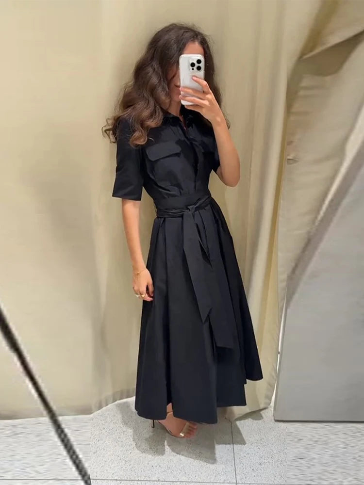 Elegant Belt Women Long Black Dress Full Sleeve Pleated Lapel Waist-Closed Female  A Line Dresses 2026 Spring Lady Robes New