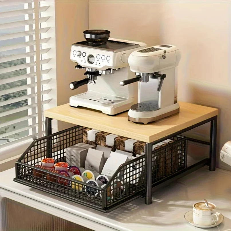 Space-Saving Kitchen Countertop Organizer with Drawer & Wire Basket - Sturdy Hardwood  Shelf for Coffee Maker.