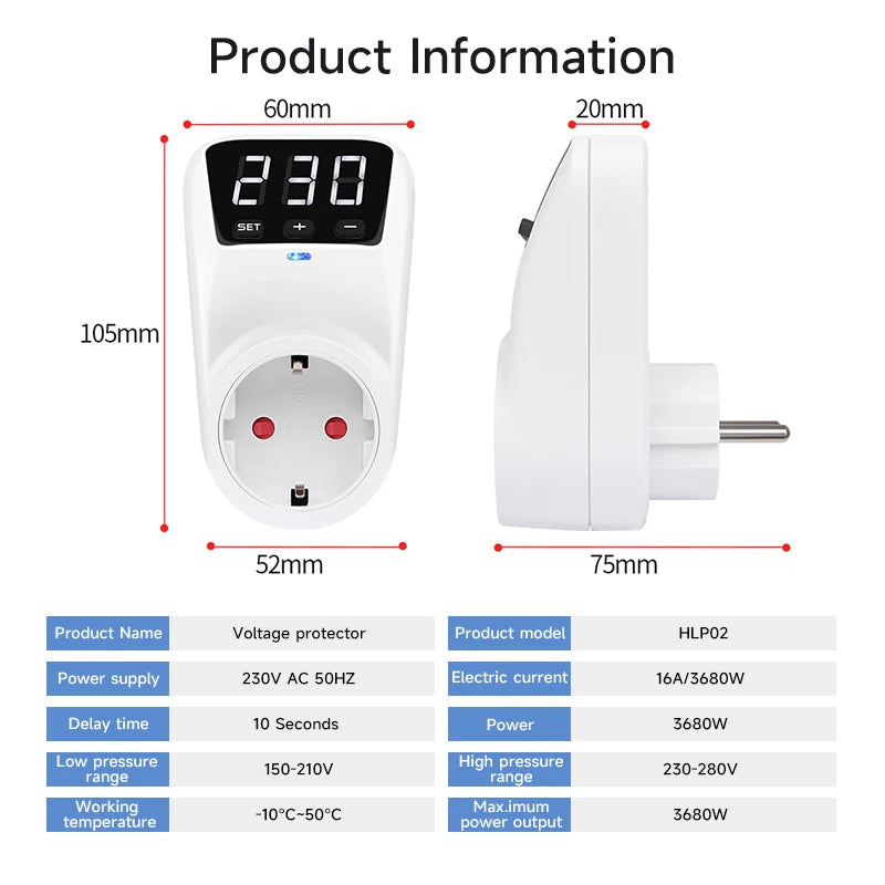 GEYA EU Socket with Voltage Protection Socket Plug AC230V 16A Adjustable Power Surge Protector Automatic Voltage Protector