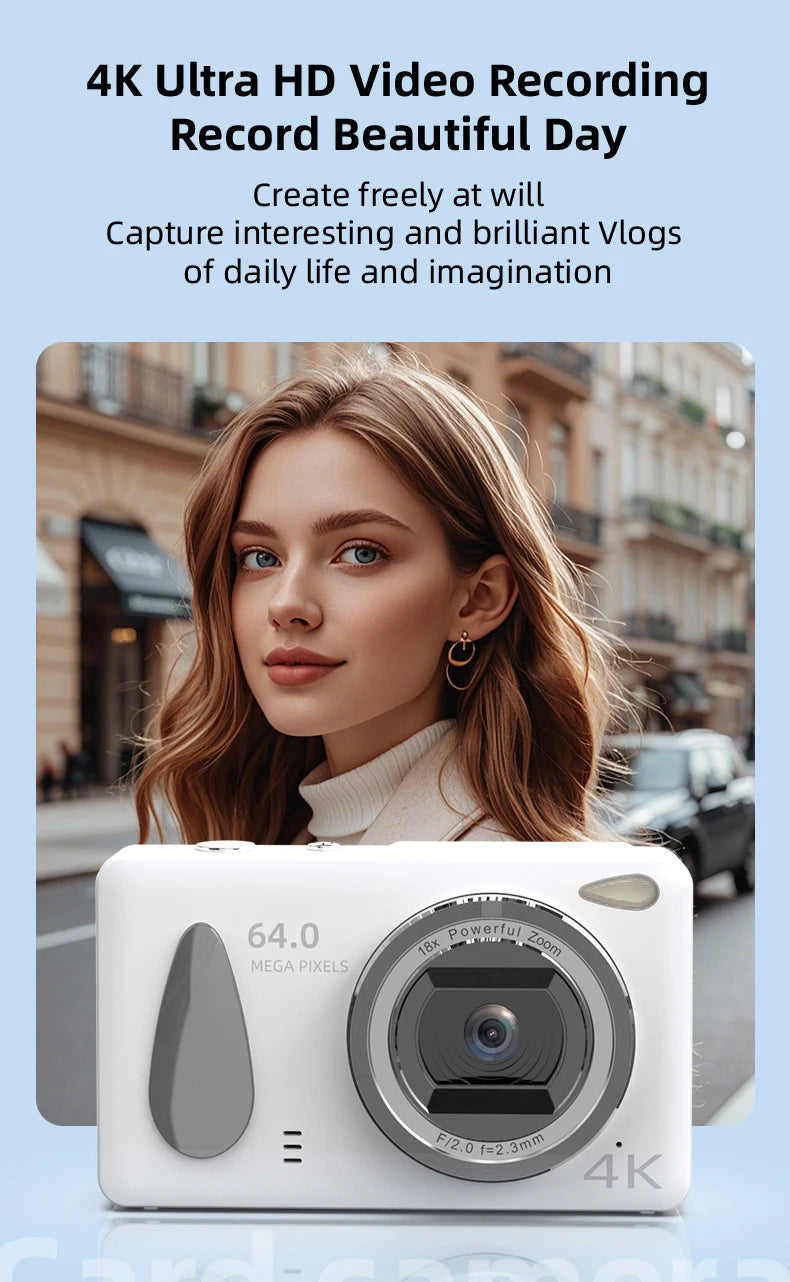 UHD 4K Digital Camera  2.4inch IPS Screen 18X Zoom Video 64MP Photo Compact Optical Camcorder Cameras for YouTube Vlog Photos
