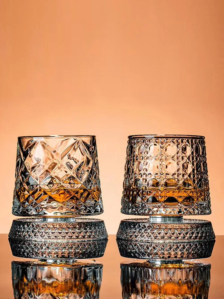 2PCS Whiskey Glasses Rotating Whisky Glass With Glass Base 360 Rotate Degrees Crystal Rum Glass For Cocktail Party Drinking Gift
