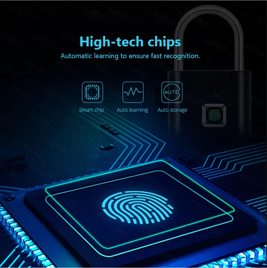 KERUI Fingerprint Lock Keyless USB Charging Smart Padlock Waterproof Door Lock 0.2sec Unlock Portable Anti-theft Padlock Zinc