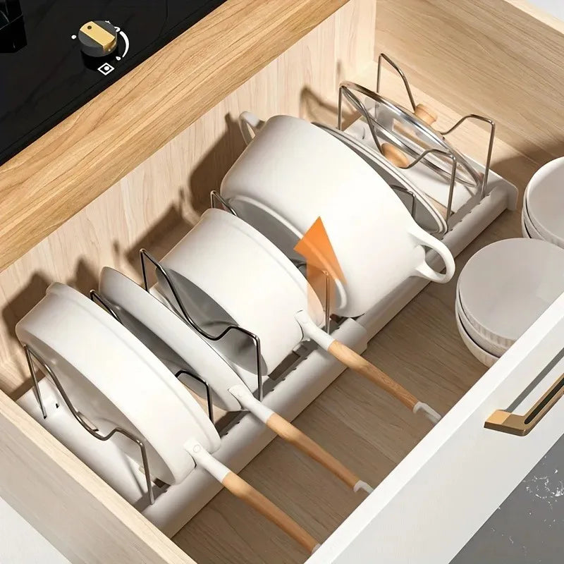 Expandable Kitchen Cabinet Pot Organizer - Adjustable Divider Rack, Multi-Use Storage Solution for Pots, Pans & Lids