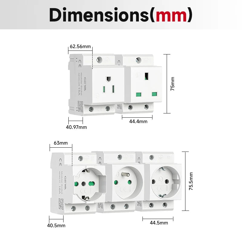 GEYA EU/US Type DIN Rail Socket Mount Modular Power Socket Single AC Outlet Built in Protective Outlet for Distribution Panel