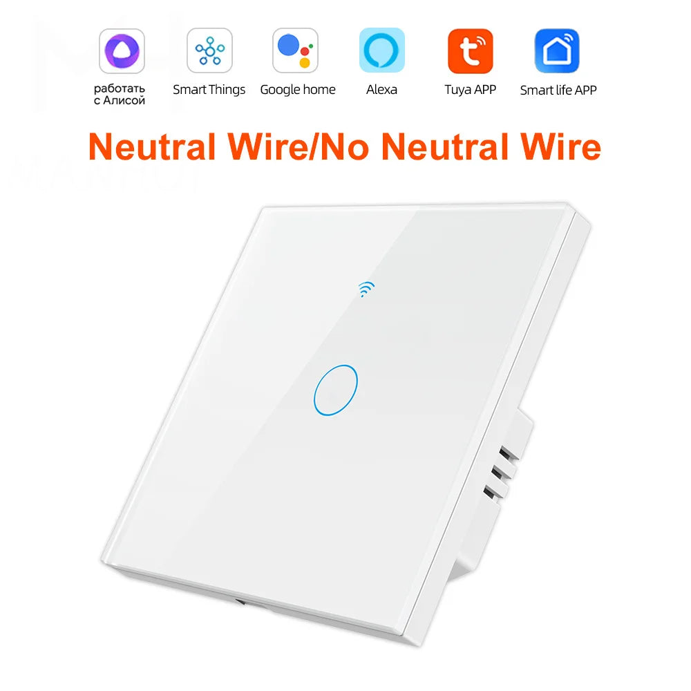 Smart EU Touch Sensor Switch Switches LED Crystal Glass Panel Wall Lamp Light Switch 1/2/3/4Gang No Neutral Wire APP Control