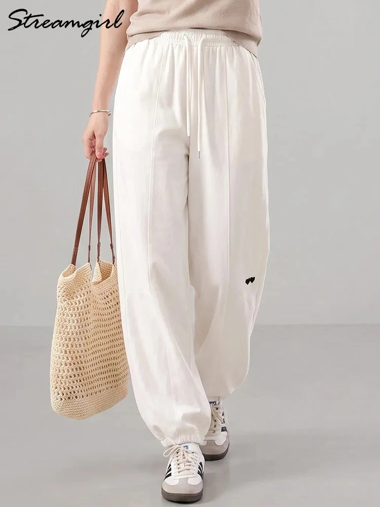 Blue Straight Pants For Women Elastic Wiast Jogger Quick-dry Sweatpants Baggy Embroidery Trousers Ladies Wide Leg Sport Pants