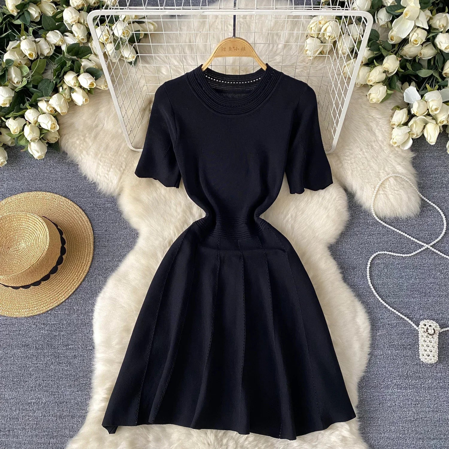 Red Senior Solid Knitting Dress Ladies O-Neck Short Sleeve Hollow Out Design Elastic Knitted Fashion Basic A-Line Dress