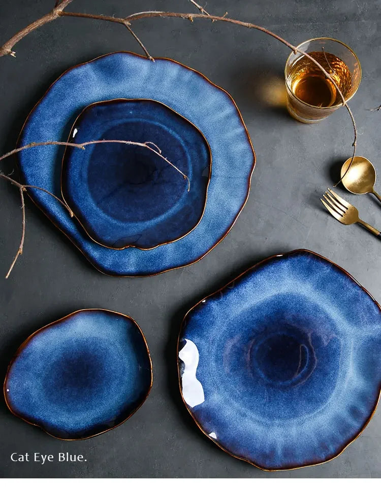 Ceramic Plates Deep Blue Irregular Flat Plate Pottery Dish Household Decoration Tableware Dinnerware Tray Hotel Kitchen Supplies