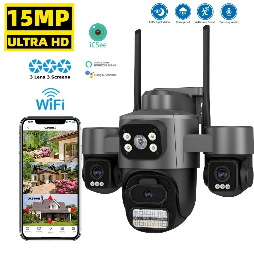 15MP HD Three Screen WIFI IP Camera Outdoor 4K Dual Lens Camera AI Human Detection Waterproof CCTV Video Security Camera ICsee