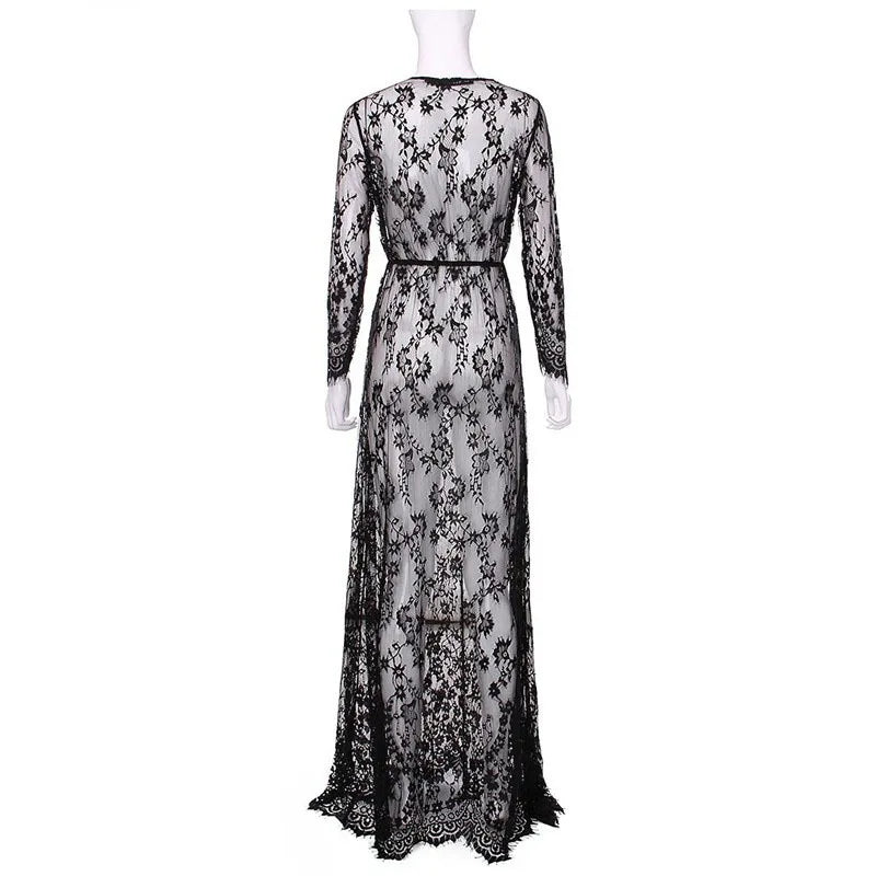 Women Through Floral V-Neck Elegant Lace long Dress Sexy Deep V Neck Casual Party Dress