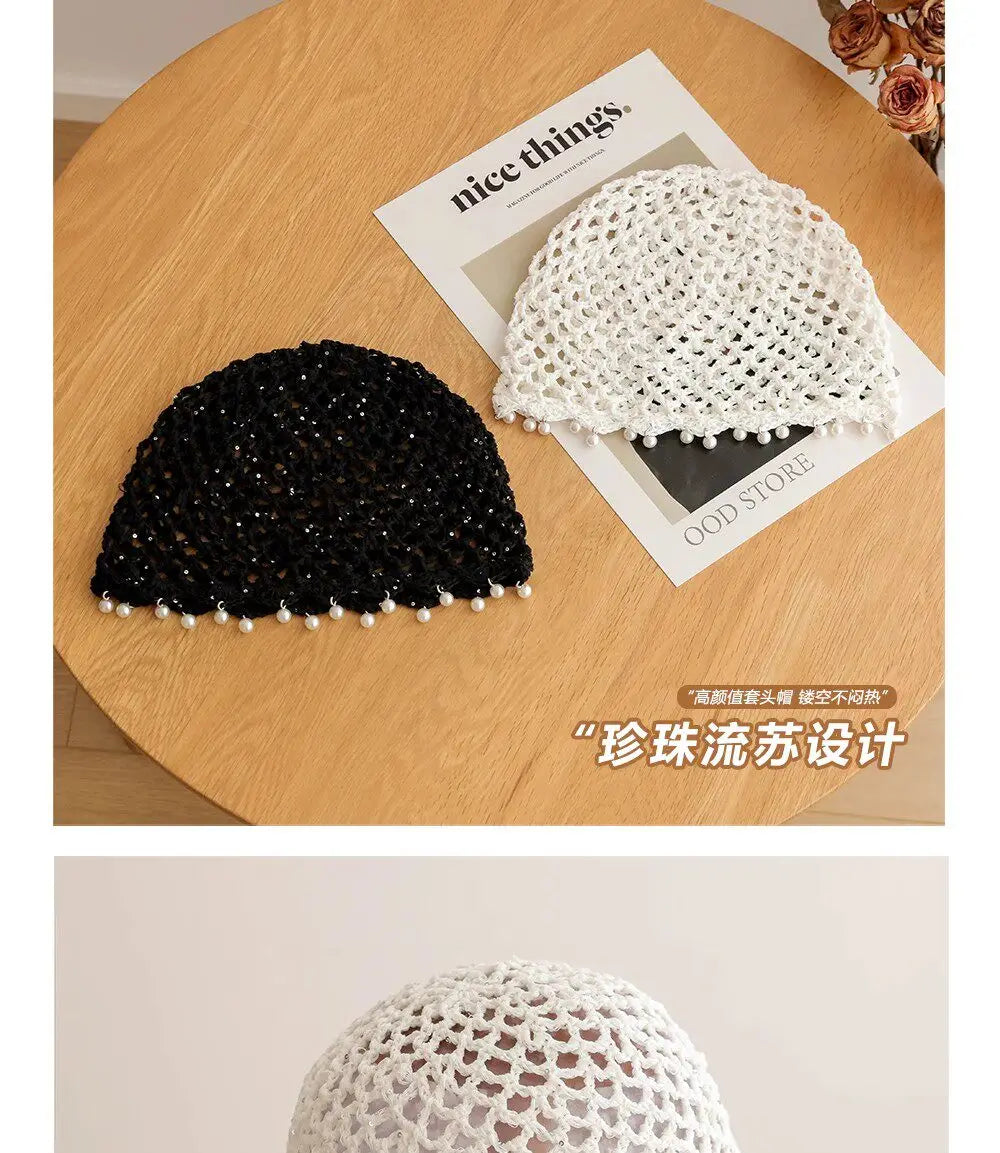 Fashion Hollowed Out Woven Pullover Hats Crochet Breathable Beret Cap Pearl Fringed Retro Beanies Cap for Women Summer Korean
