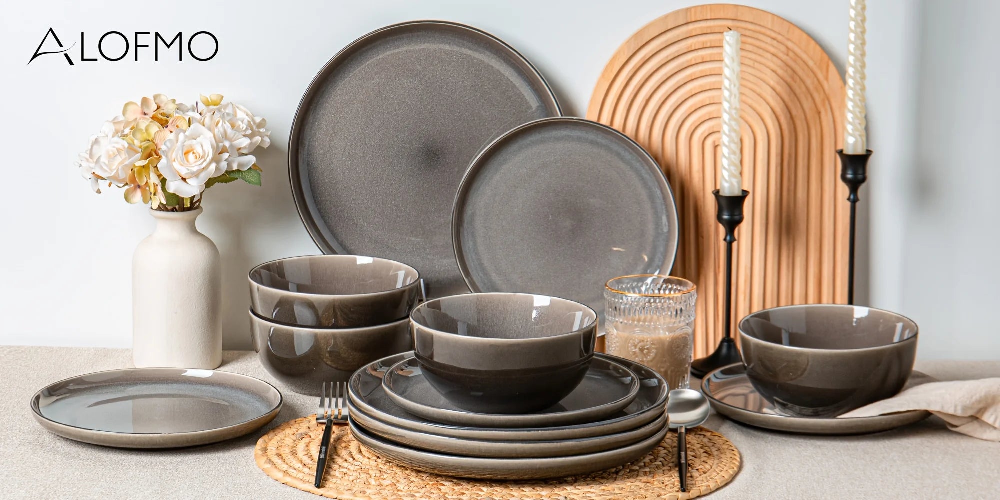 12-Piece Purple-Gray Reactive Glaze Ceramic Tableware Set for 4 People – Soup Bowls, Salad Plates, Dessert Dishes, Pasta Bowls &