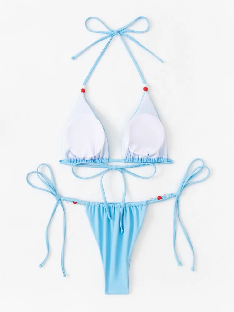 Sexy Bikini Set Bandage Swimwear Women Bathing Suit Beading Cinjunto De Dos Piezas Mujer Low Rise Swimsuit Biquine Brasileiro