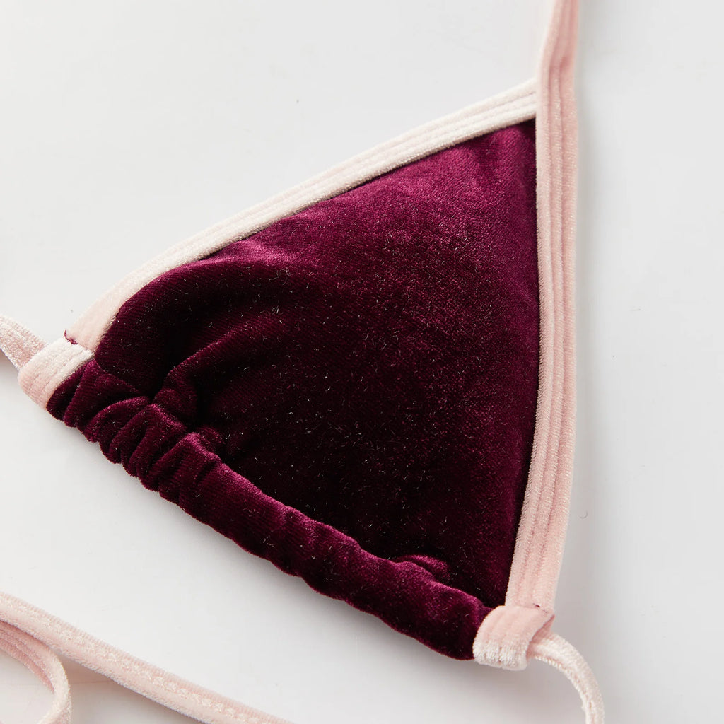 Women's Summer Beach Bikini Set Burgundy Velvet Pink Contrast Trim Triangle Top Halter Neck Thong Bottom