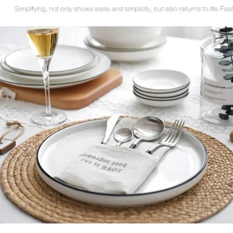 White With Black Dinner Plate Set Ceramic Serving Tray Food Dishes Rice Salad Noodles Bowl Soup Kitchen Dinnerware