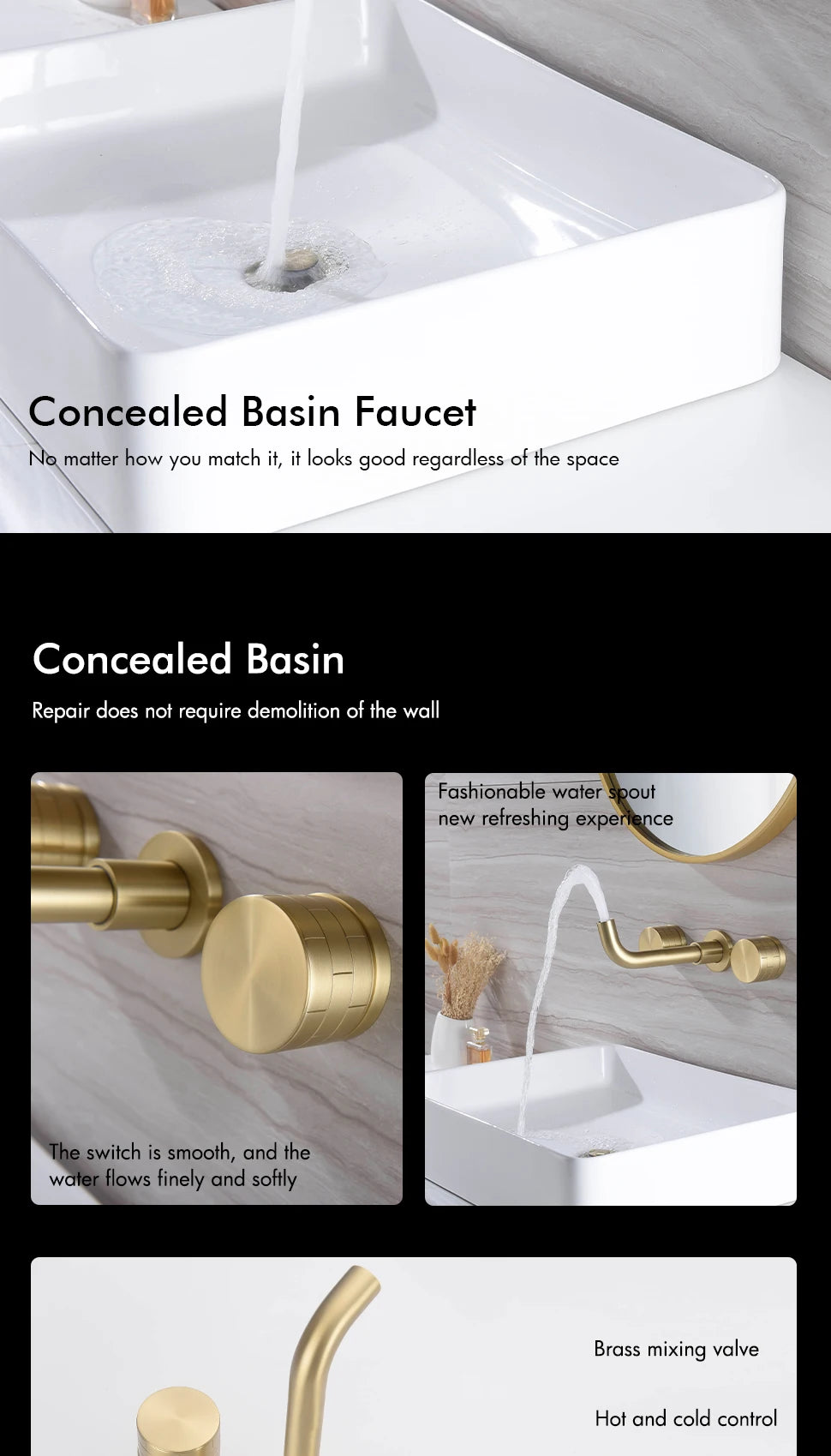 Basin Faucet Concealed Box Double Handle Sink Tap 2 Scarves Pattern Knob Bathroom Mixer Wall Mounted Brass Crane