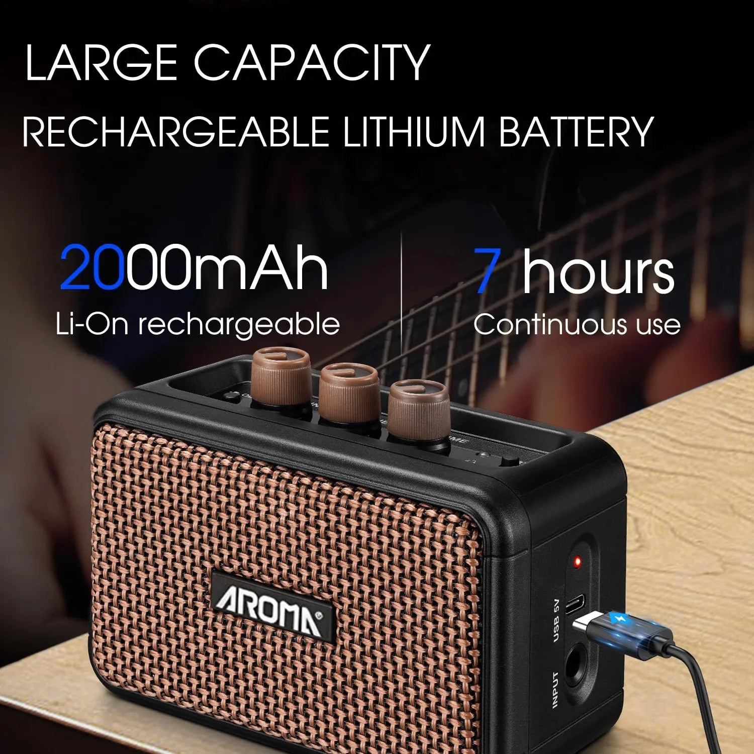 Aroma AG-04 Mini Electric Guitar Amp: Rechargeable Bluetooth Portable Amp (Clean/Overdrive, Headphone Jack)