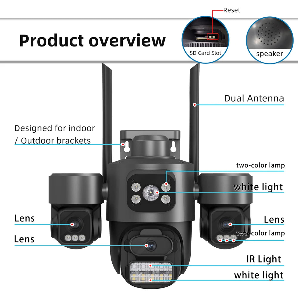 Hot Sale  iCsee 3 Lens 3 Screen WiFi Camera 360° Auto Tracking  Waterproof Outdoor CCTV, WiFi Security Cam ICsee Surveillance