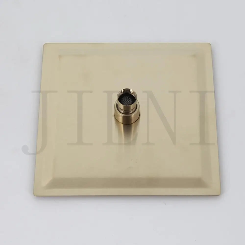 JIENI 8 Inch Brushed Gold Rainfall Shower Faucet Sets Wall Mounted Bathroom Round & Square Head 2 Handles Control Mixer Shower