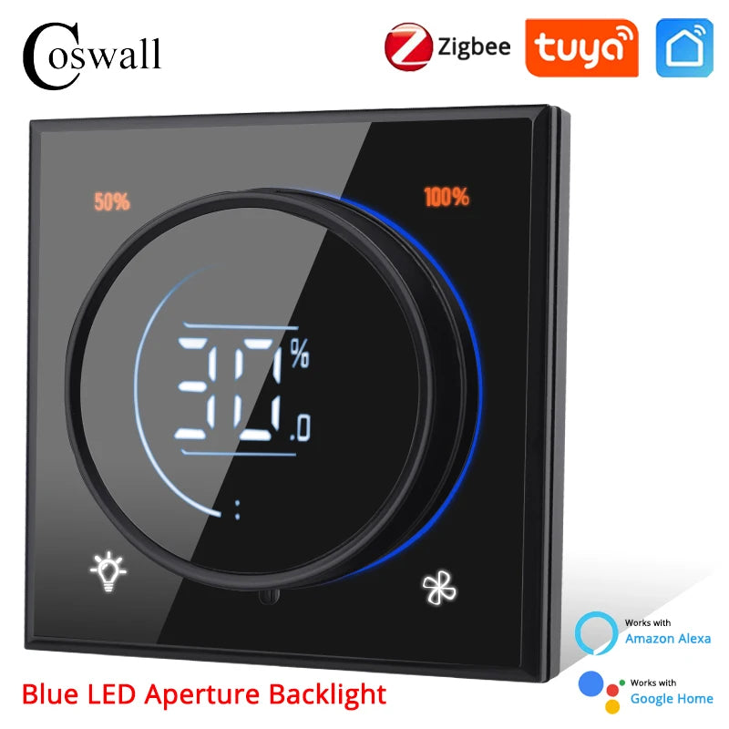 Glass Panel Wifi/Zigbee2MQTT Smart Light Switch With Knob Fan Controller 300W Max.  Digital LCD For Ceiling Fan Lamp