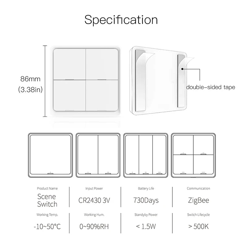 ZigBee Tuya Smart Wireless Button Switch 1/2/3/4 Gang Wiring Free Wireless Scene Switch Battery Powered Can Through Wall Control