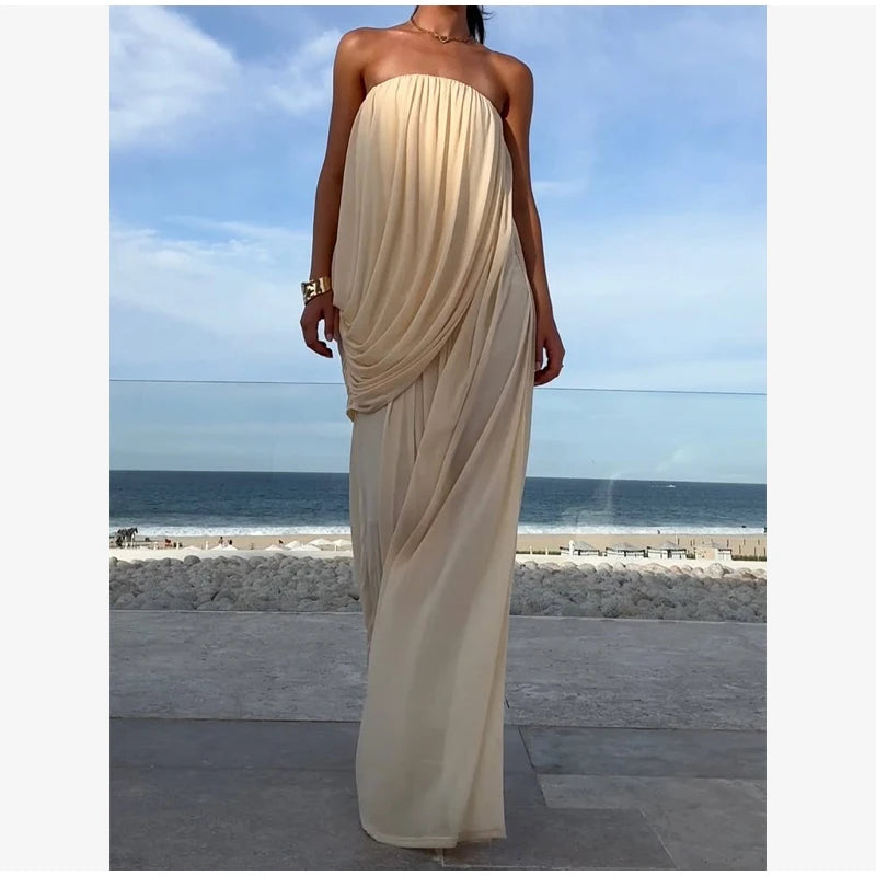 Sexy Pleated Strapless Maxi Dress Women Chic Solid Sleeveless Backless Loose Long Dresses 2026 Summer Lady Vacation Beach Outfit
