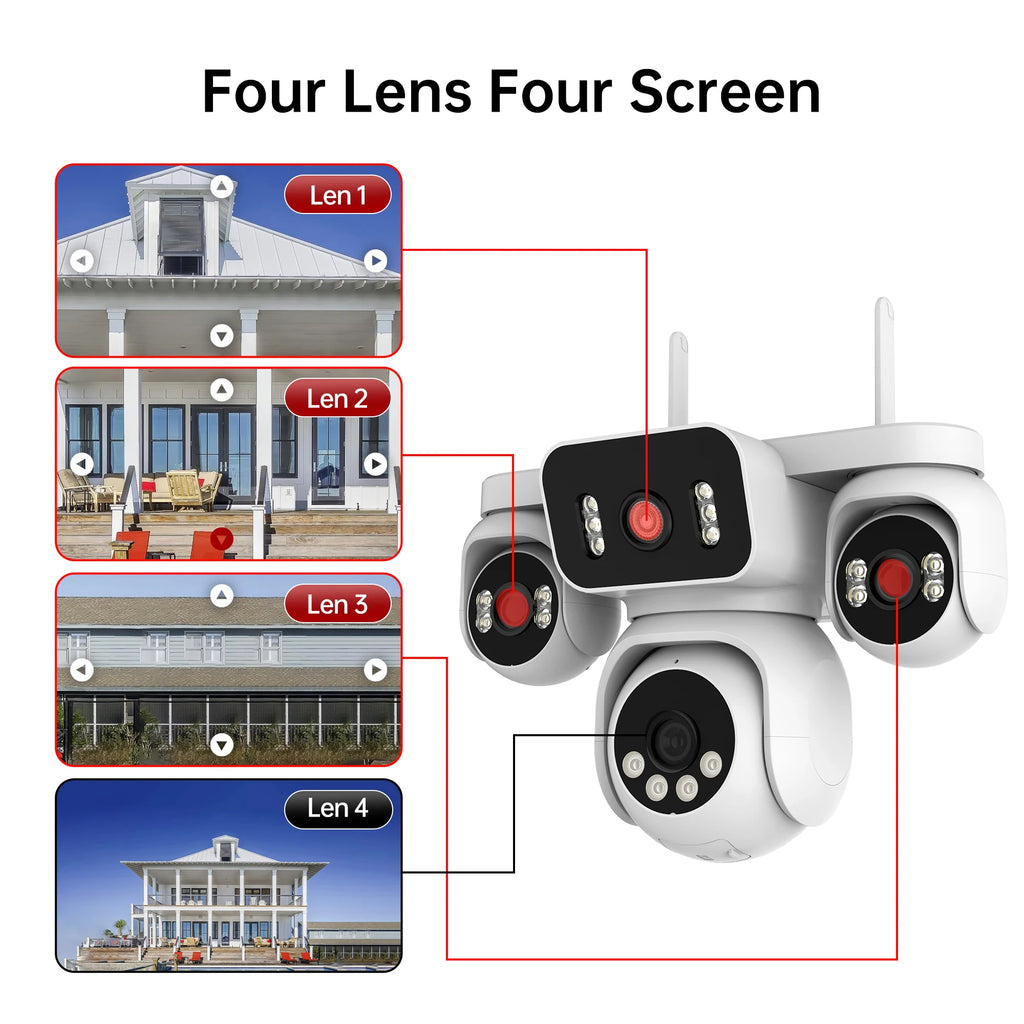 10K 20MP WiFi Security Camera 4 Lens 4 Screen 360°  PTZ 16X Zoom Waterproof Home Surveillance CCTV Outdoor Street Video Camera