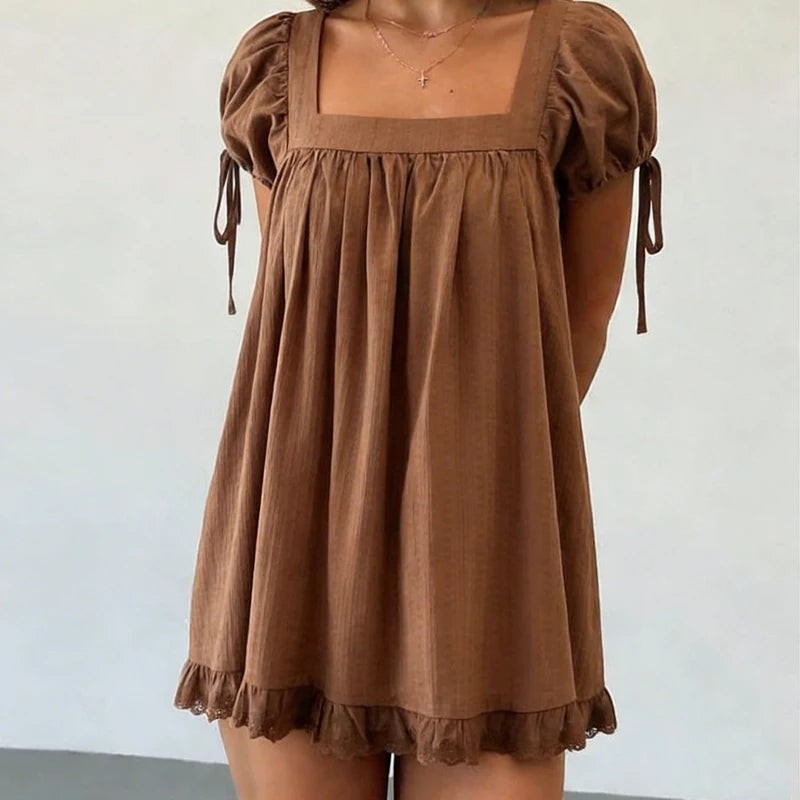 Bohemian Puff Sleeve Maternity Dress Women Square Neck A-line Mini Ruffled Dresses Fairy Vintage Loose Fit Flowy Short Dress