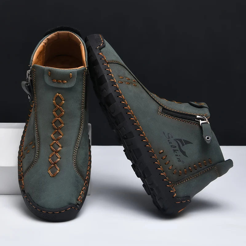 Handmade Leather Casual Shoes For Men Sneakers Men Flat Footwear Zipper Leather Boots Men Ankle Plus Size 39-48