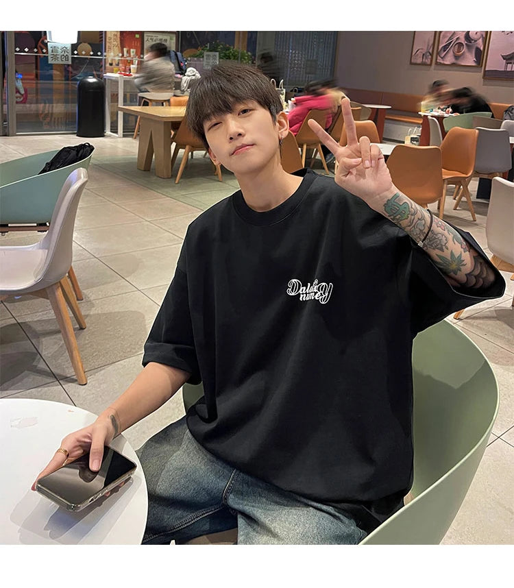Forest Green Heavyweight Cotton American Style Men's T-shirt Short Sleeve Vibe High Street Seven Sleeve Summer T-shirt