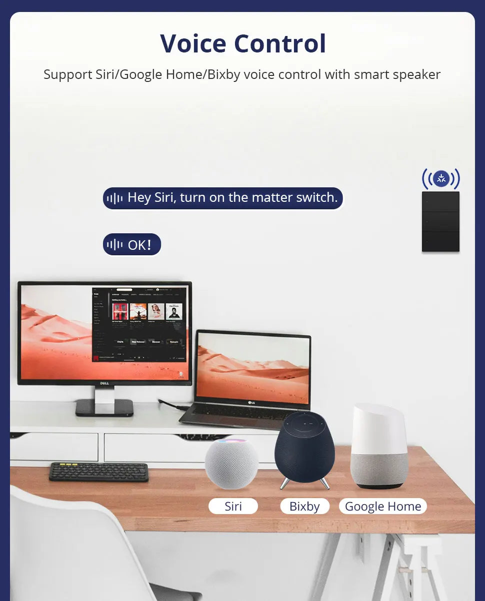 Matter Over WiFi US Smart Wall Light Switch 1 2 3 4 6 Gangs with Black Button Neutral Required Homekit SmartThings App Control