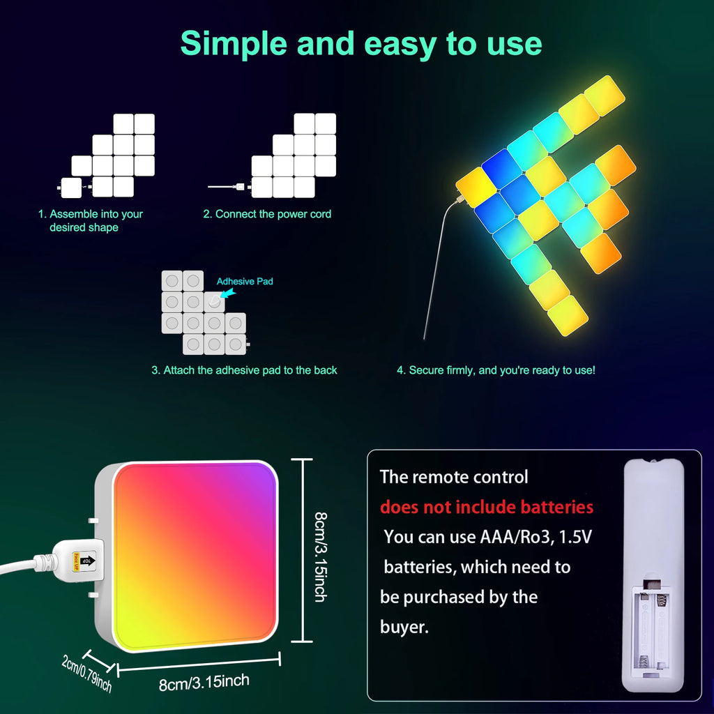 Smart Grid LED Wall Light Kit - RGB Color Changing with App & Music Control, DIY Creative Backlit Panels for Gaming Room & Bedro