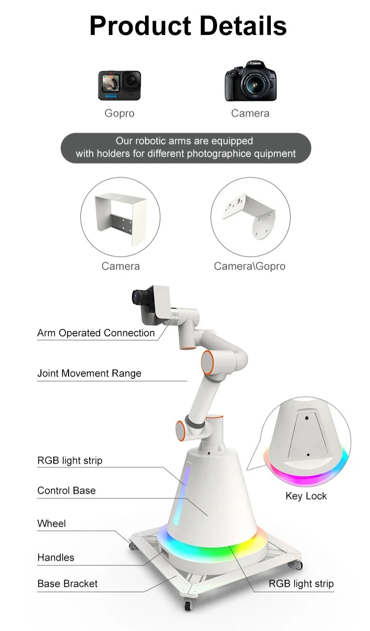 Customized  6 Axis Interactive Robot Photo Shooting Automatic Visual Camera Slow Motion Recording Light Function