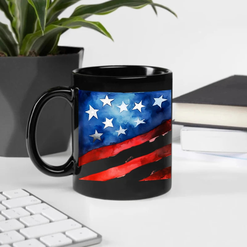 American flag coffee cup, black American flag design, suitable for patriotic activities and daily use
