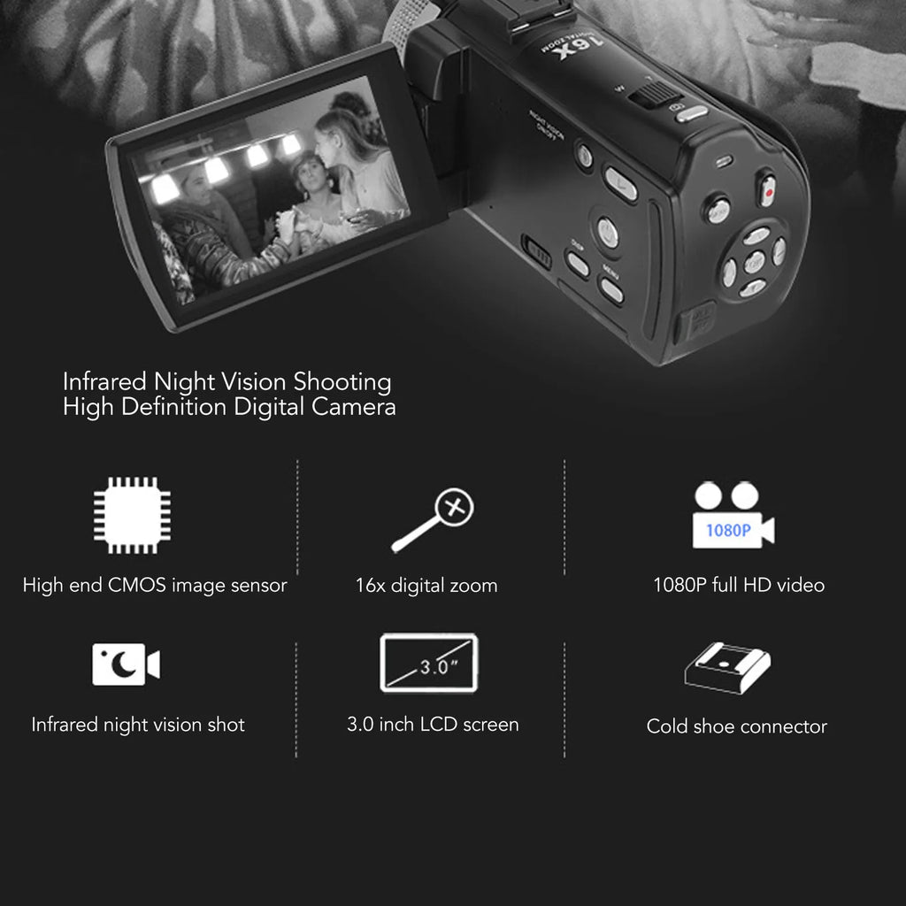Video Camera Camcorder 30MP 1080P HD 3 Inch TFT LCD Screen 16x Zoom Night Vision Vlogging Camera with Microphone Remote Control